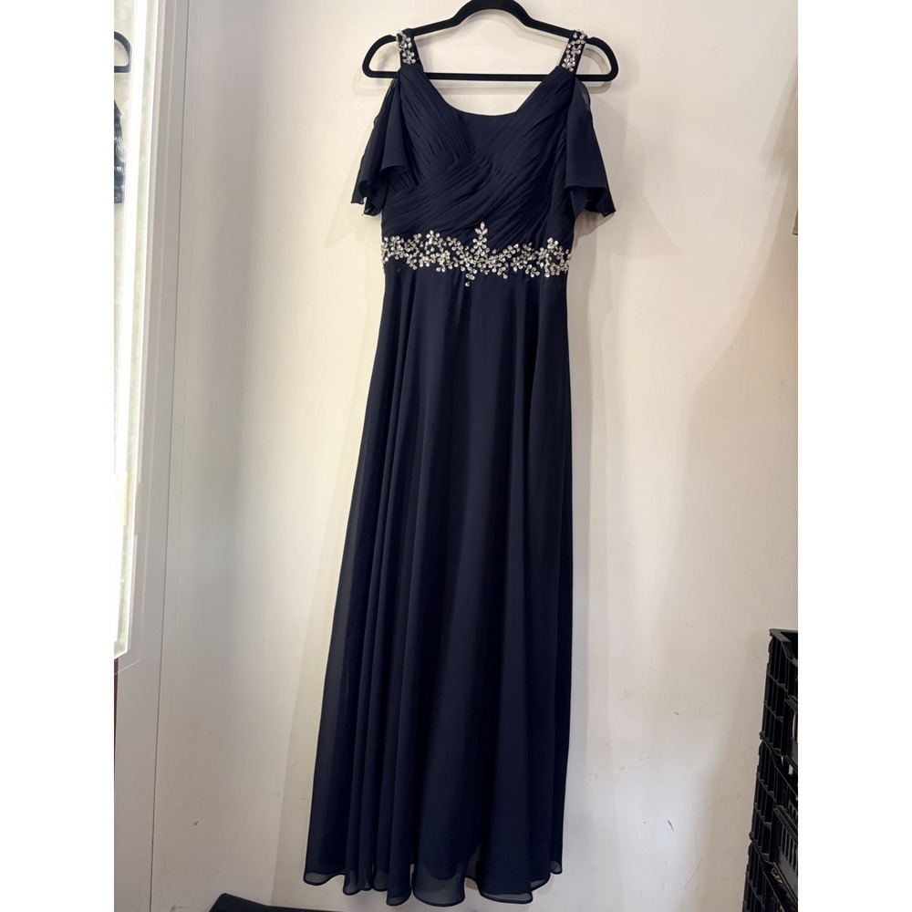 Custom Navy Chiffon Formal Gown Beaded Rhinestone Cold Shoulder 4 Prom Dress